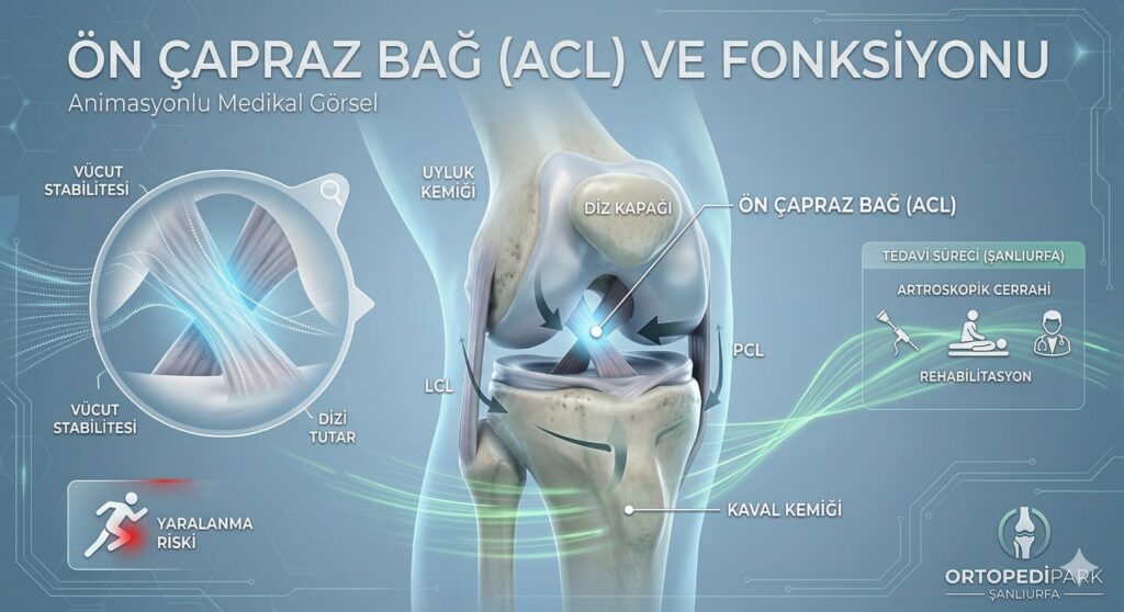 Şanlıurfa OrtopediPark diz anatomisi ve ön çapraz bağ (ACL) fonksiyonu bilgilendirici medikal görseli.